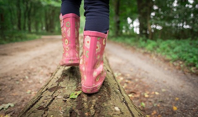 Kind läuft in Regenstiefeln über einen Baumstamm im Wald