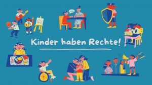 Grafiken zu Kinderrechten rund um den Schriftzug Kinder haben Rechte stehend