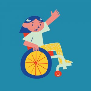 Grafik eines Mädchens im Rollstuhl das mit einer Hand winkt