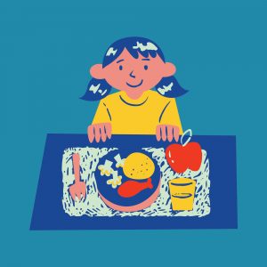 Grafik eines Mädchen am Tisch sitzend mit Teller voller Essen