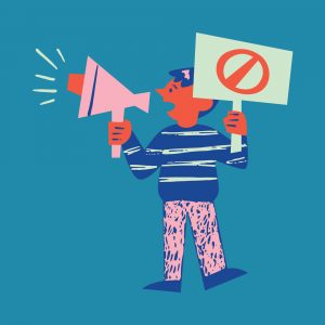 Grafik eines Jungen der in ein Megafon spricht und ein Plakat in der Hand hält