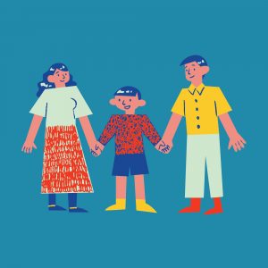 Grafik eines Jungen der in der Mitte stehend jeweils die Hand von seiner Mutter und seinem Vater hält die zu beiden Seiten neben ihm stehen