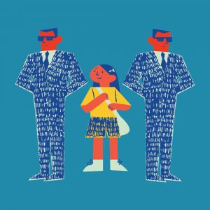 Grafik eines Mädchen das zwischen zwei Bodyguards steht