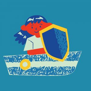 Grafik eines Mädchens das in einem Boot sitzt und ein Schild vor sich hält