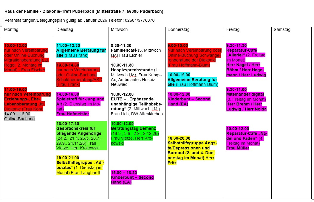 Wochenbelegungsplan ab Januar 2026